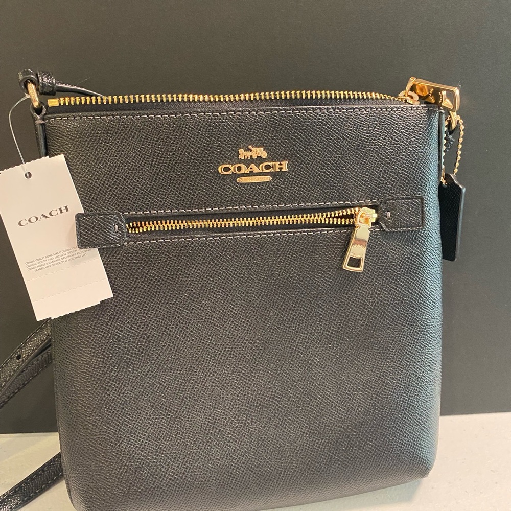 Coach Black Leather Crossbody Messenger with Gold Accents